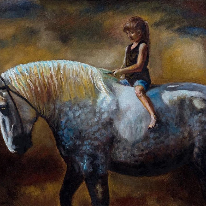 Kleintje Kunst — child on horse, oil on panel