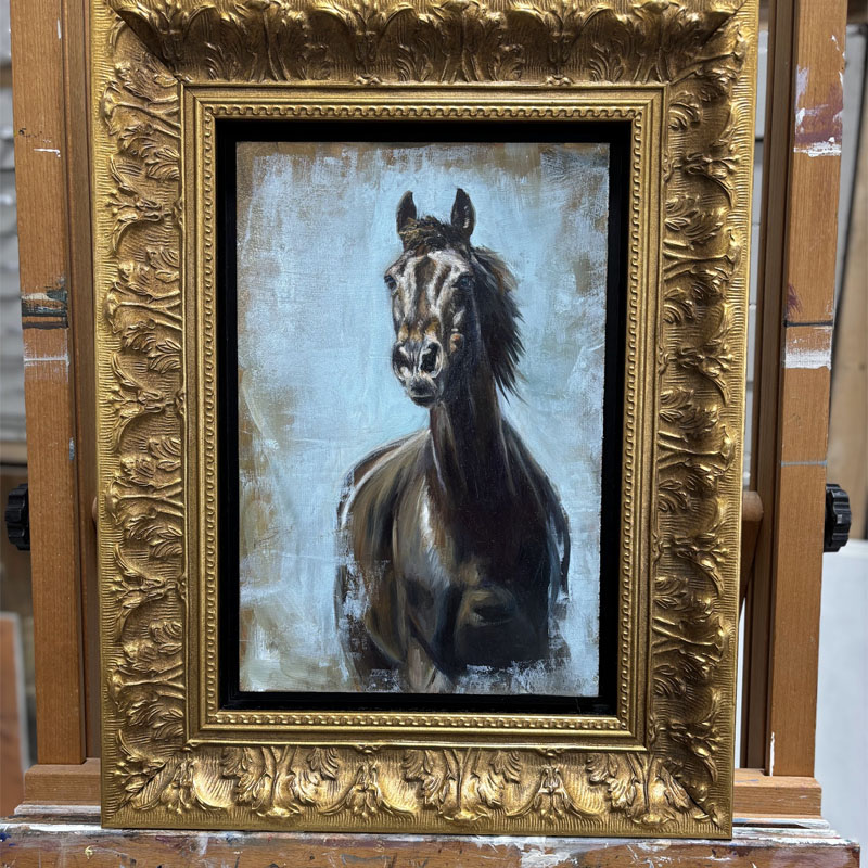 Kleintje Kunst — horse portrait with frame, oil on panel
