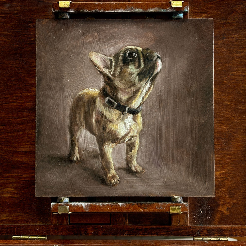 Schilderij van een Franse bulldog op de ezel Schilderij van een Franse bulldog op de ezel in het atelier van Mirelle Vegers
